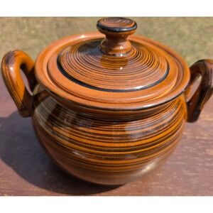 Vintage Oven Proof Japan Brown Black Swirl Drip Glaze Lidded Sugar Bowl Pot